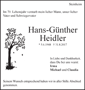 Traueranzeige von Hans-Günther Heidler von Heidenheimer Zeitung