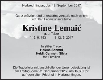 Traueranzeige von Kristine Lemaic von Heidenheimer Zeitung