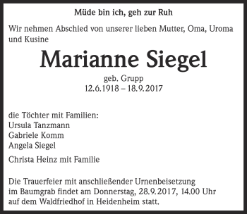 Traueranzeige von Marianne Siegel von Heidenheimer Zeitung