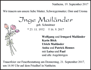 Traueranzeige von Inge Mailänder von Heidenheimer Zeitung
