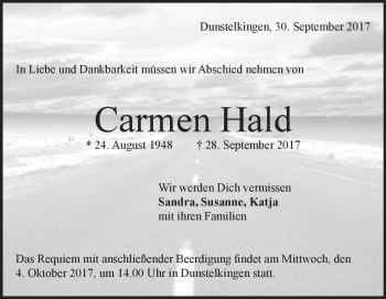 Traueranzeige von Carmen Hald von Heidenheimer Zeitung