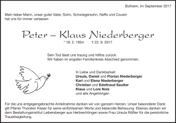 Traueranzeige von Peter-Klaus Niederberger von Heidenheimer Zeitung
