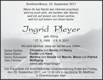 Traueranzeige von Ingrid Pleyer von Heidenheimer Zeitung