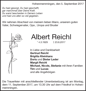 Traueranzeige von Albert Reichl von Heidenheimer Zeitung