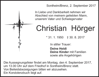 Traueranzeige von Christian Hörger von Heidenheimer Zeitung