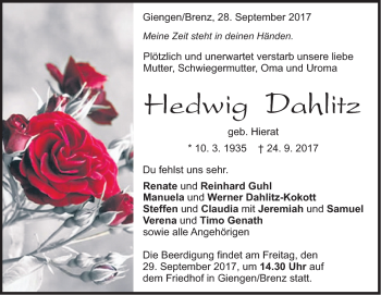 Traueranzeige von Hedwig Dahlitz von Heidenheimer Zeitung