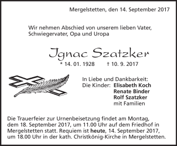 Traueranzeige von Ignac Szatzker von Heidenheimer Zeitung