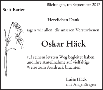 Traueranzeige von Oskar Häck von Heidenheimer Zeitung