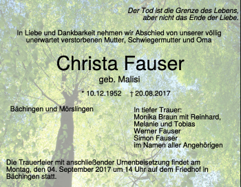 Traueranzeige von Christa Fauser 