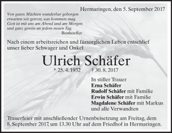 Traueranzeige von Ulrich Schäfer von Heidenheimer Zeitung