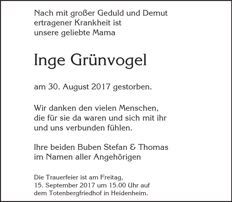  Traueranzeige für Inge  Grünvogel vom 09.09.2017 aus Heidenheimer Zeitung
