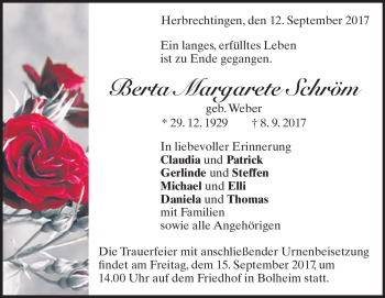 Traueranzeige von Berta  Schröm von Heidenheimer Zeitung