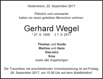 Traueranzeige von Gerhard Wegel von Heidenheimer Zeitung