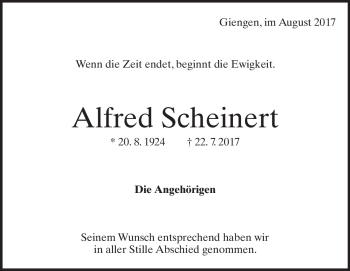 Traueranzeige von Alfred Scheinert von Heidenheimer Zeitung