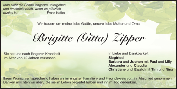 Traueranzeige von Brigitte Zipper von Heidenheimer Zeitung