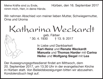 Traueranzeige von Katharina Weckardt von Heidenheimer Zeitung