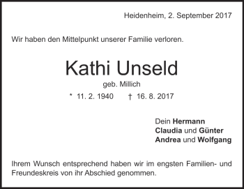 Traueranzeige von Kathi Unseld von Heidenheimer Zeitung