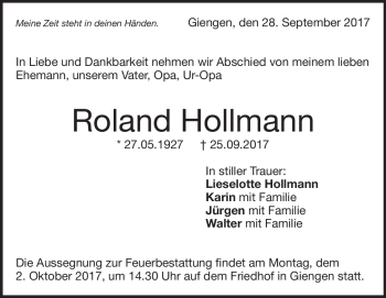 Traueranzeige von Roland  Hollmann von Heidenheimer Zeitung
