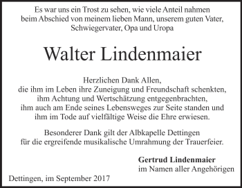 Traueranzeige von Walter Lindenmaier von Heidenheimer Zeitung