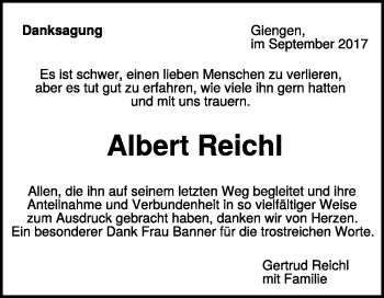 Traueranzeige von Albert Reichl von Heidenheimer Zeitung