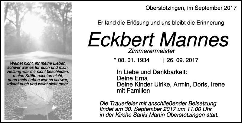  Traueranzeige für Eckbert Mannes vom 29.09.2017 aus Heidenheimer Zeitung