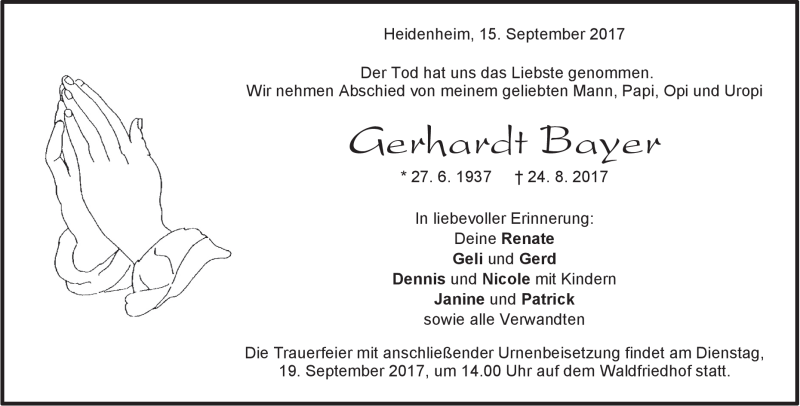  Traueranzeige für Gerhardt Bayer vom 15.09.2017 aus Heidenheimer Zeitung