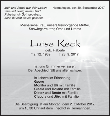Traueranzeige von Luise Keck von Heidenheimer Zeitung