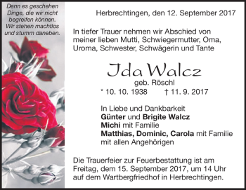 Traueranzeige von Ida Walcz von Heidenheimer Zeitung