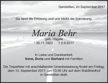 Traueranzeige von Maria Behr von Heidenheimer Zeitung