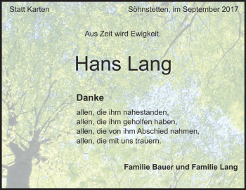 Traueranzeige von Hans Lang von Heidenheimer Zeitung