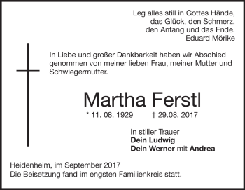 Traueranzeige von Martha Ferstl von Heidenheimer Zeitung