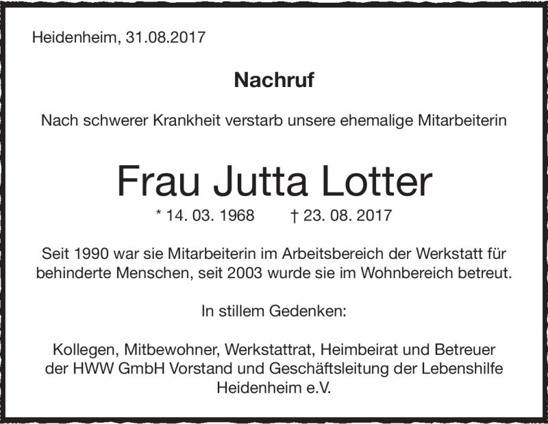  Traueranzeige für Jutta Lotter vom 02.09.2017 aus Heidenheimer Zeitung