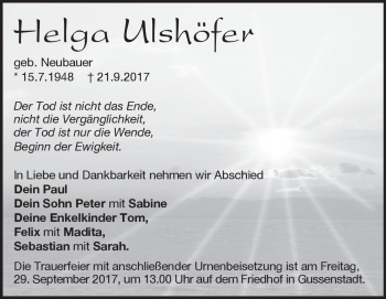 Traueranzeige von Helga Ulshöfer von Heidenheimer Zeitung