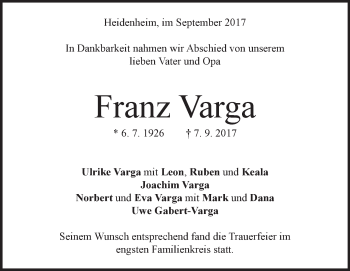 Traueranzeige von Franz Varga 