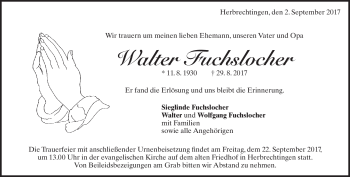 Traueranzeige von Walter Fuchslocher von Heidenheimer Zeitung