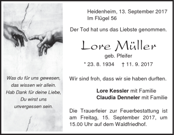 Traueranzeige von Lore Müller von Heidenheimer Zeitung
