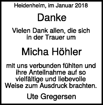 Traueranzeige von Michael Höhler von Heidenheimer Zeitung