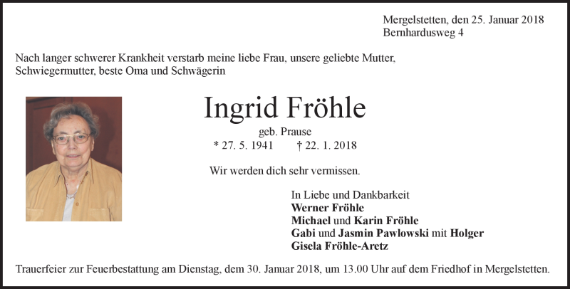  Traueranzeige für Ingrid Fröhle vom 25.01.2018 aus Heidenheimer Zeitung