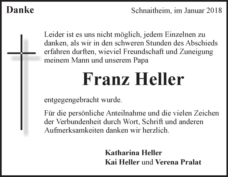  Traueranzeige für Franz Heller vom 24.01.2018 aus 