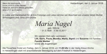 Traueranzeige von Maria Nagel von Heidenheimer Zeitung