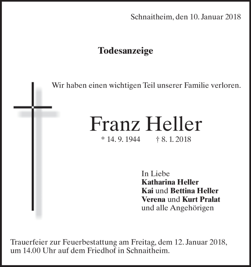  Traueranzeige für Franz Heller vom 10.01.2018 aus Heidenheimer Zeitung