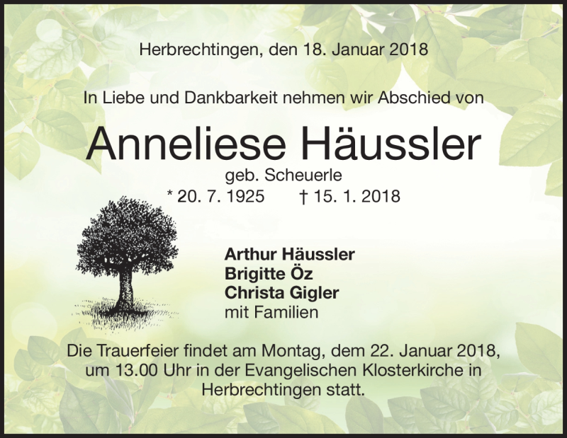  Traueranzeige für Anneliese Häussler vom 18.01.2018 aus Heidenheimer Zeitung