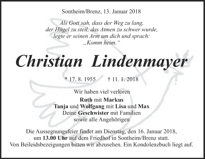  Traueranzeige für Christian Lindenmayer vom 13.01.2018 aus Heidenheimer Zeitung