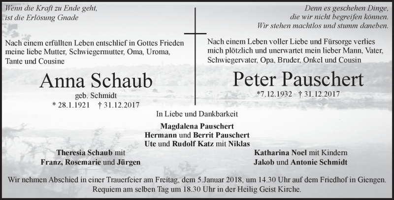  Traueranzeige für Anna  Schaub vom 03.01.2018 aus Heidenheimer Zeitung