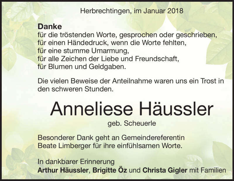  Traueranzeige für Anneliese Häussler vom 27.01.2018 aus Heidenheimer Zeitung