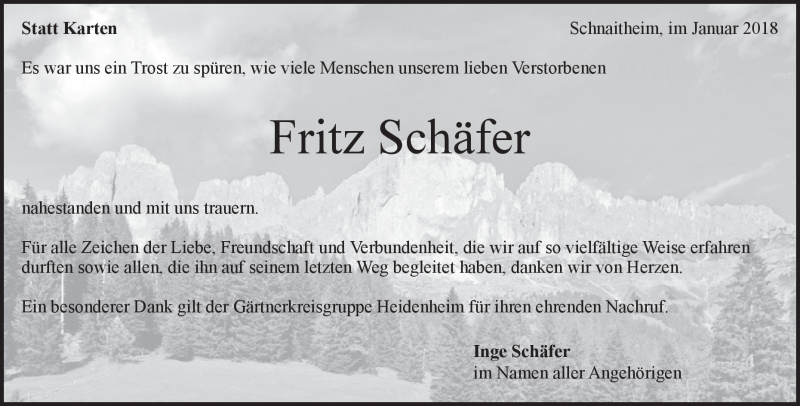  Traueranzeige für Fritz Schäfer vom 09.01.2018 aus Heidenheimer Zeitung