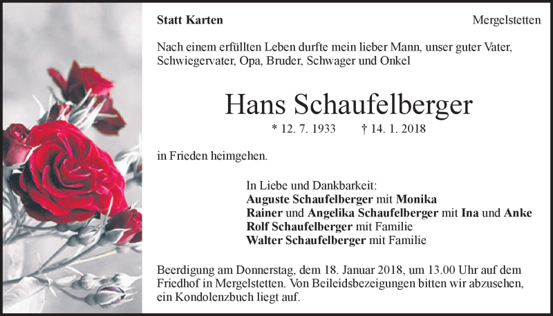  Traueranzeige für Hans Schaufelberger vom 16.01.2018 aus Heidenheimer Zeitung