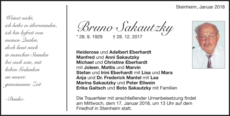  Traueranzeige für Bruno Sakautzky vom 13.01.2018 aus Heidenheimer Zeitung