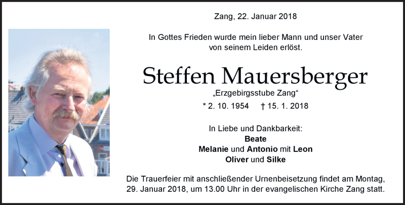  Traueranzeige für Steffen Mauersberger vom 22.01.2018 aus Heidenheimer Zeitung