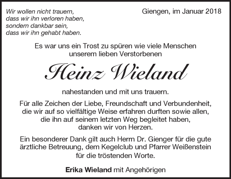  Traueranzeige für Heinz Wieland vom 20.01.2018 aus Heidenheimer Zeitung